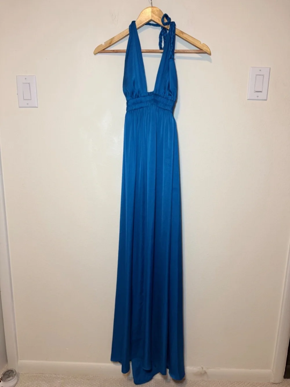 LoveShackFancy Blue Halter Maxi Dress Size 2 Backless Smocked Waist Flowy - Picture 2 of 9
